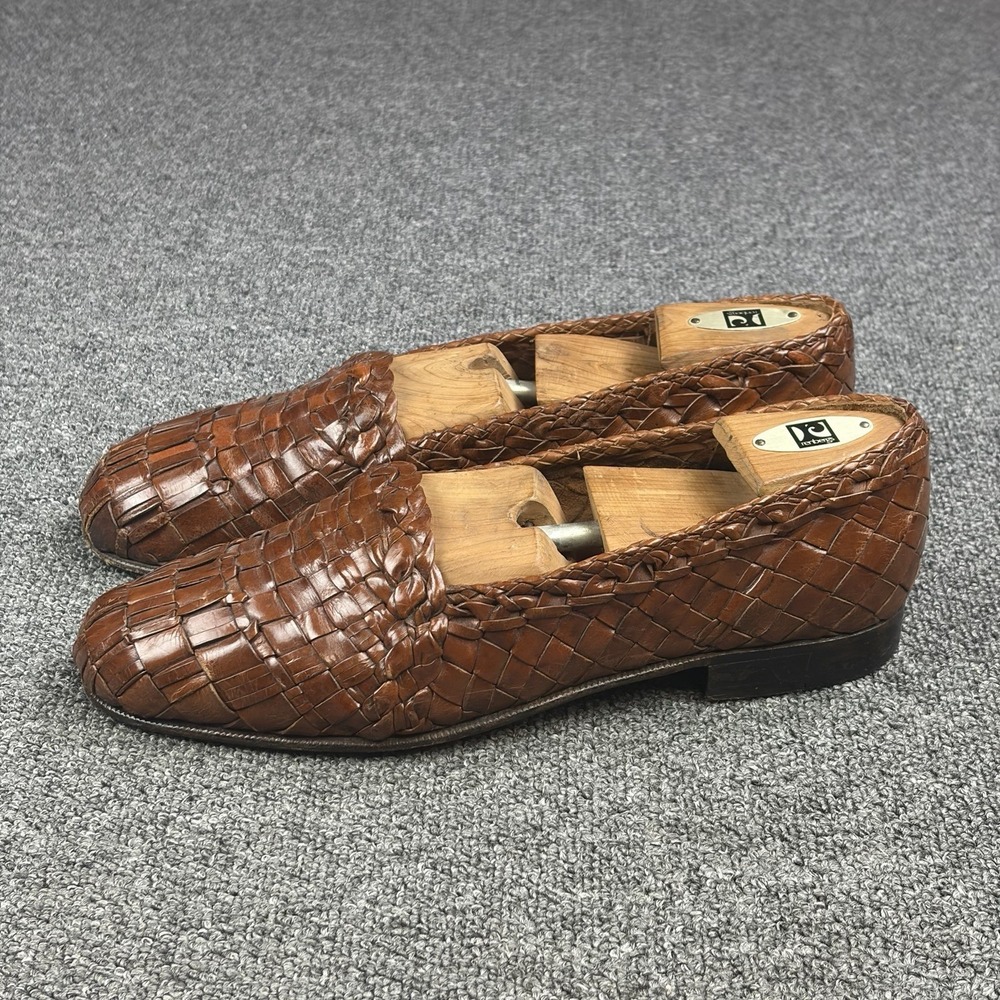 Moreschi Woven Leather Loafers Mens 10 Brown Handmade Italy Basket Weave Slip On